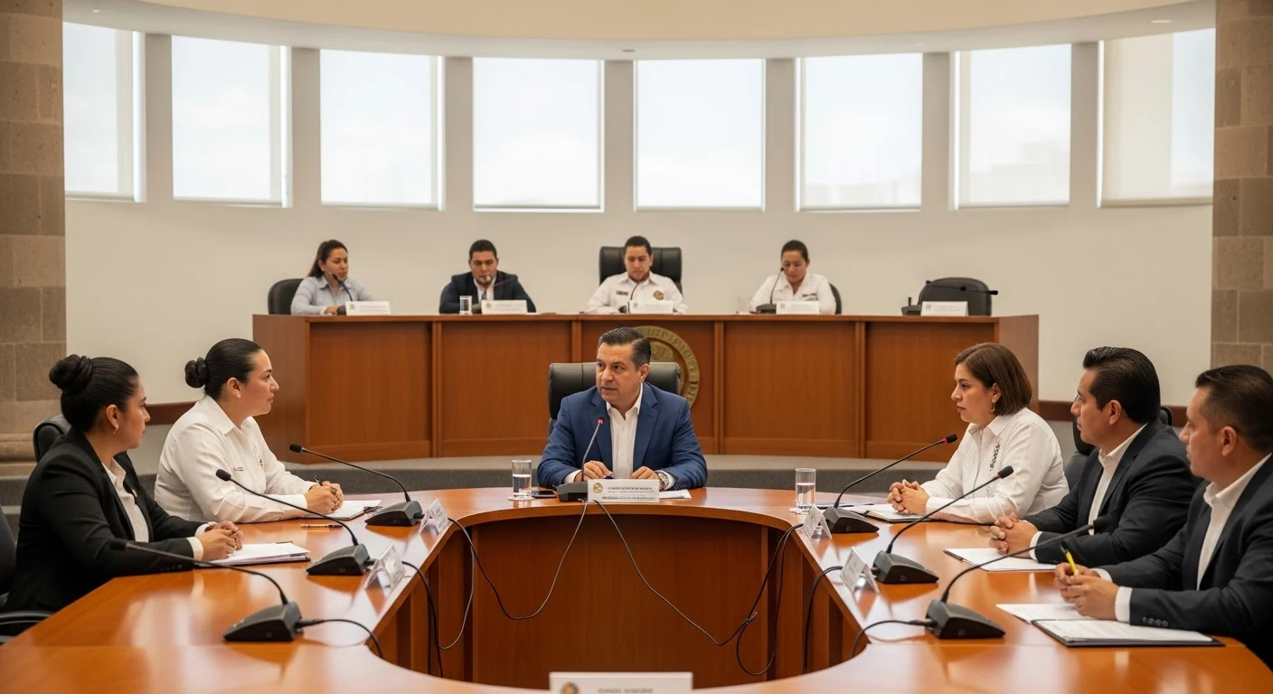 Sesión de cabildo en un ayuntamiento mexicano donde regidores y el alcalde discuten el nuevo reglamento general de tránsito y seguridad vial.