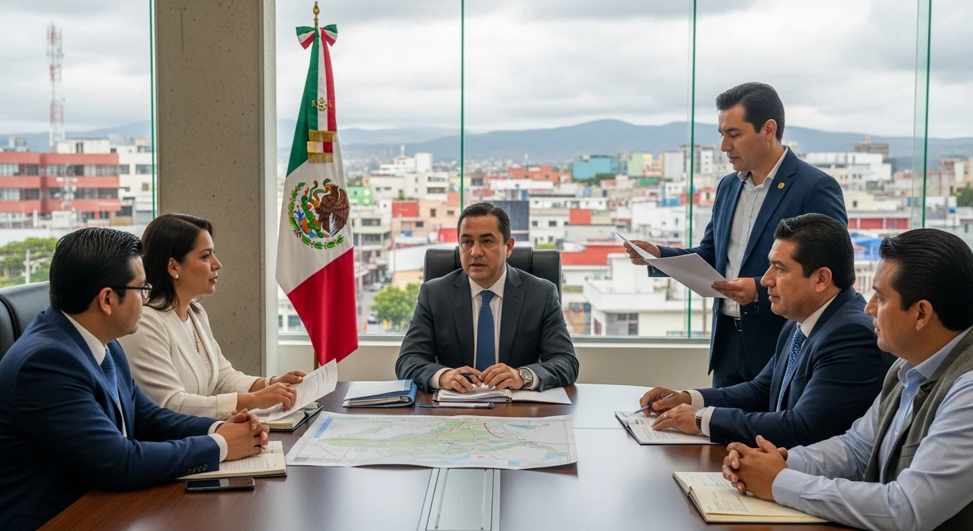 Un cabildo municipal en sesión, con el alcalde y los regidores debatiendo sobre el nuevo reglamento de tránsito y movilidad, con mapas y documentos sobre la mesa.