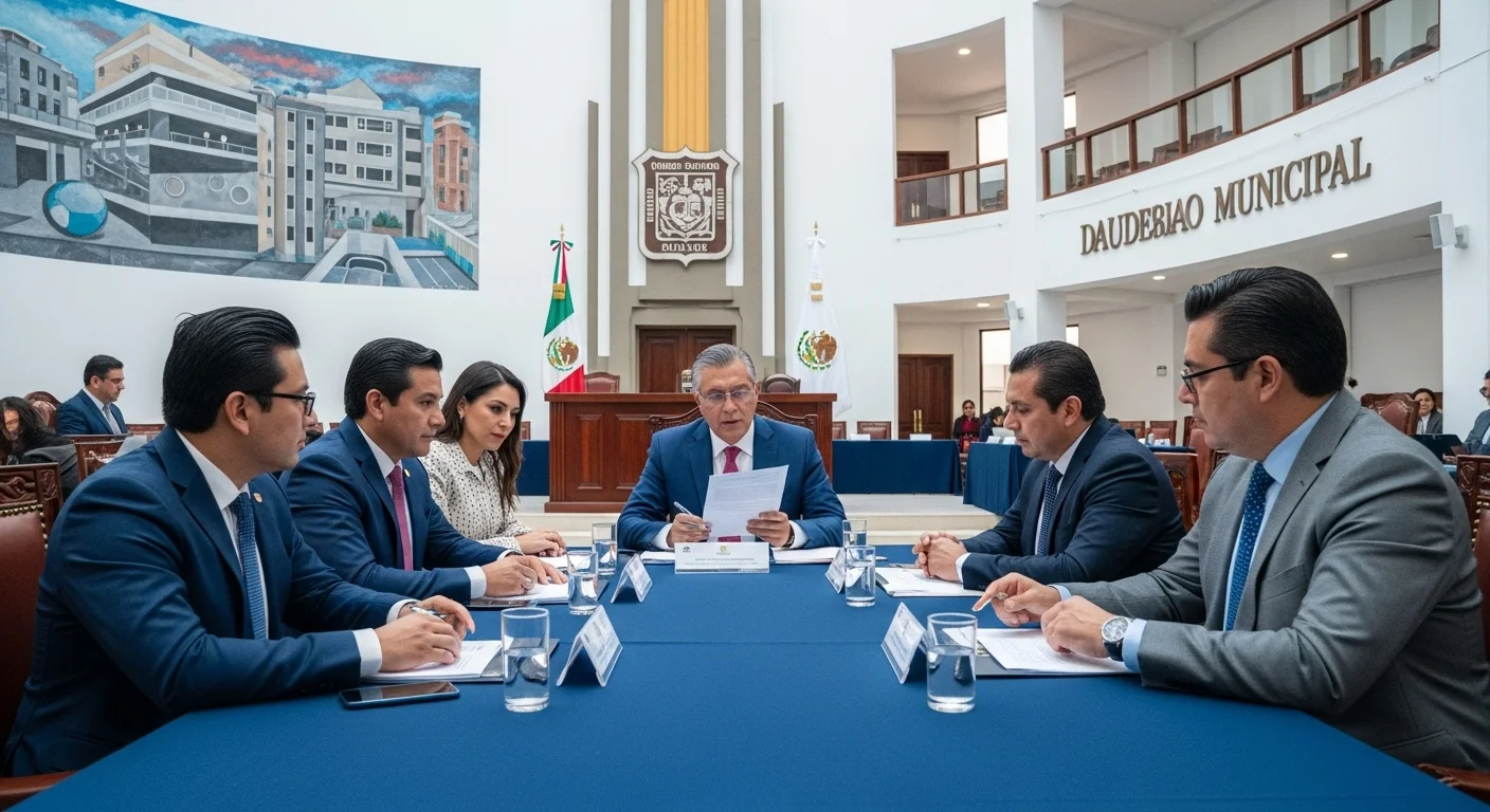 Sesión de cabildo en un ayuntamiento mexicano, con el alcalde, regidores y síndicos discutiendo sobre servicios públicos.