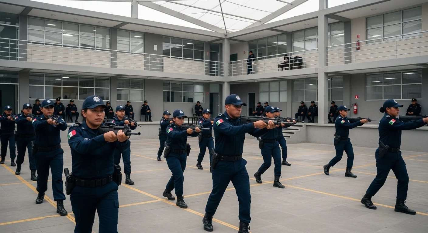 Grupo de cadetes de policía en formación dentro de las instalaciones de un instituto de seguridad pública en México.