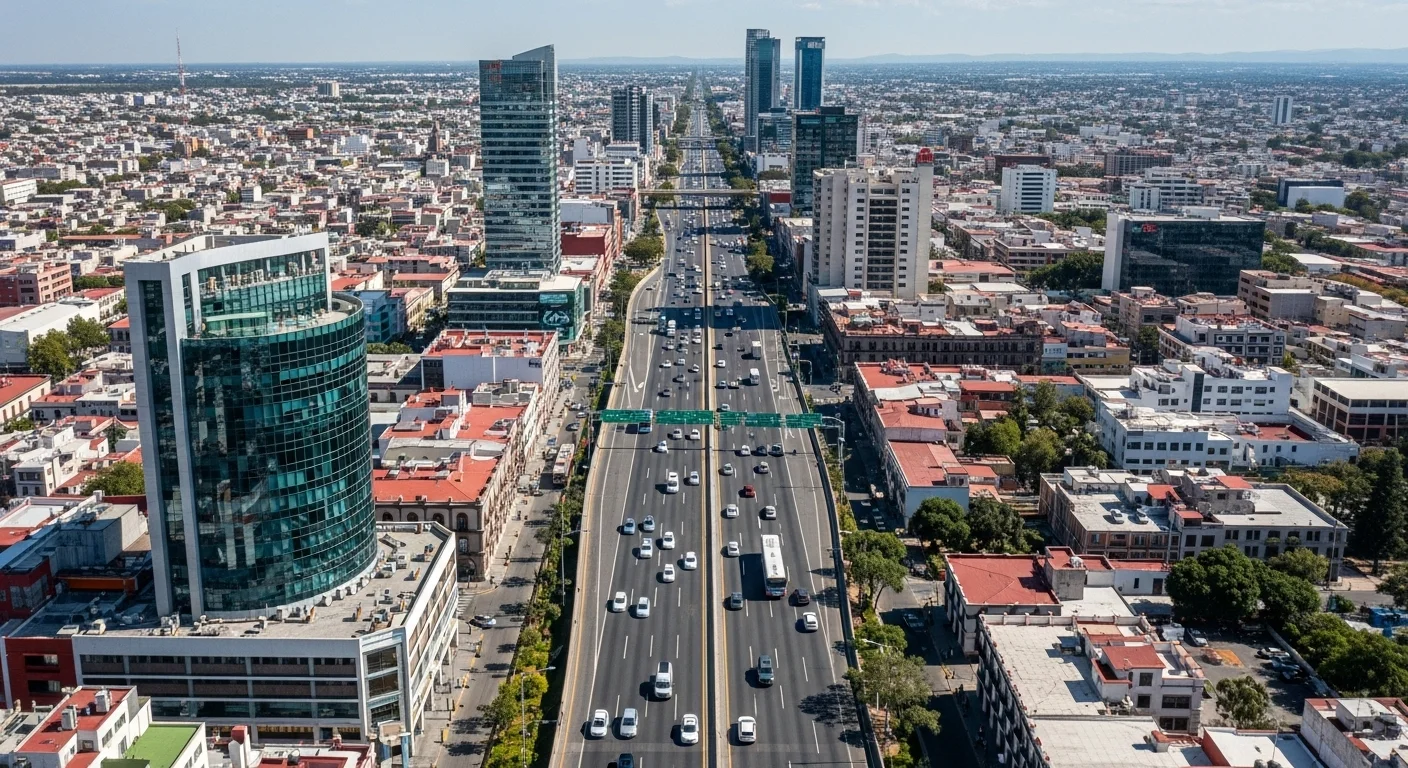 Vista aérea de una carretera federal de múltiples carriles que atraviesa una ciudad densamente poblada en México, mostrando la interacción entre el tráfico rápido y la vida urbana.