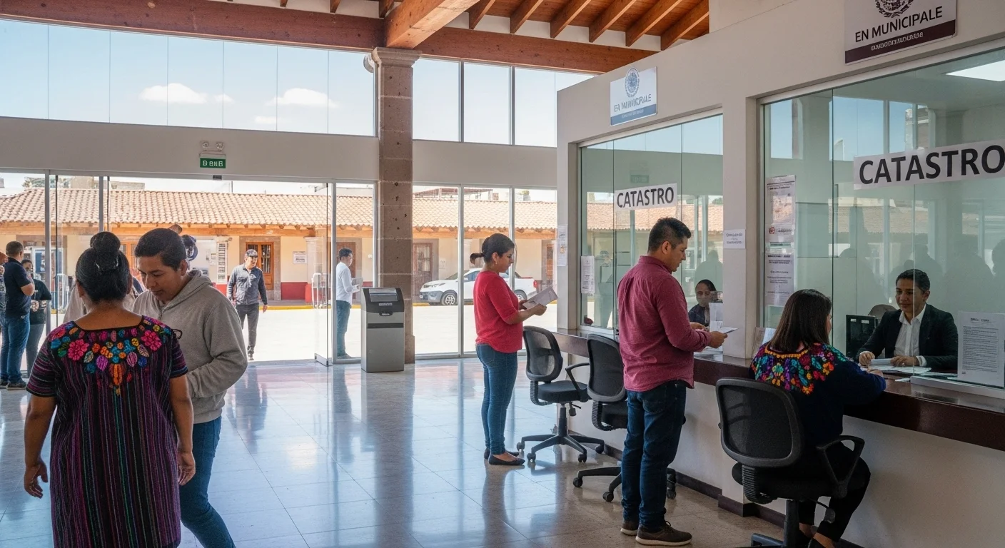 Oficina de catastro en un ayuntamiento de un municipio mexicano, con ciudadanos realizando trámites del impuesto predial.
