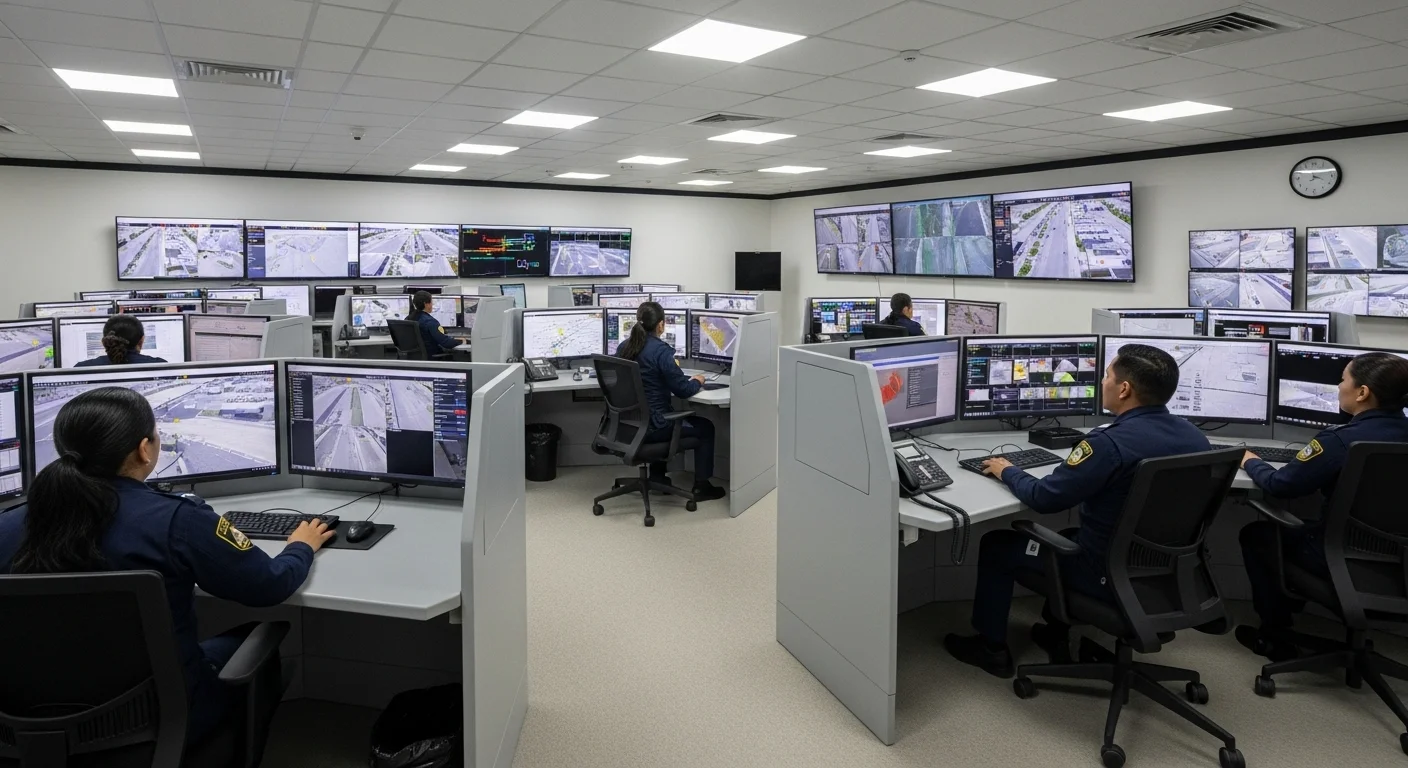 Sala de operaciones de un centro de control y comando C5 en México, con personal monitoreando pantallas para la seguridad municipal.