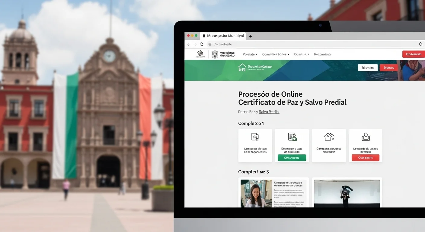 Pantalla de una computadora mostrando el proceso para descargar un certificado de no adeudo o paz y salvo predial en un portal de gobierno municipal mexicano.