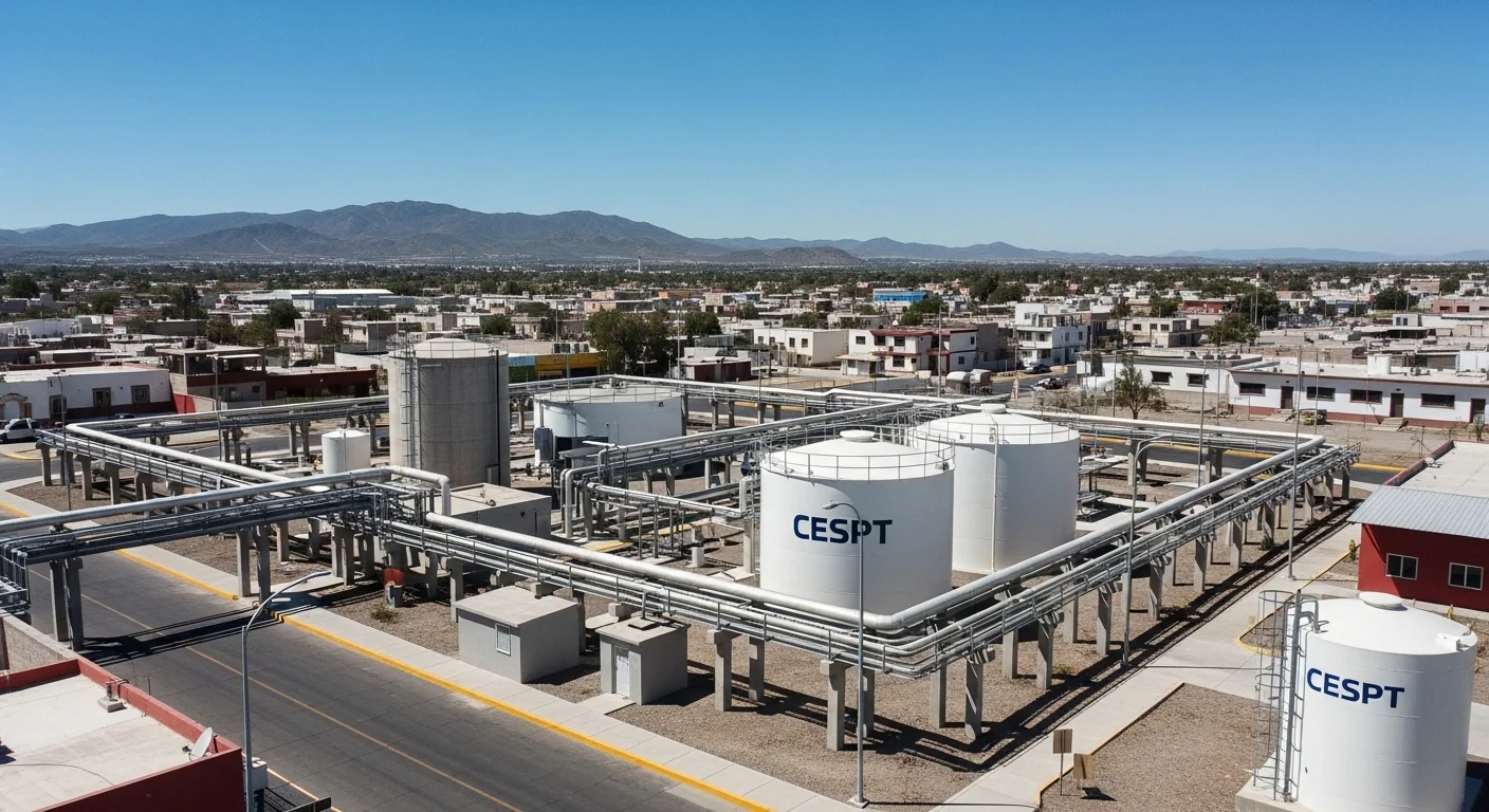 Vista panorámica de la infraestructura hidráulica y de saneamiento de la CESPT en un municipio de Baja California, con tanques de almacenamiento y tuberías.