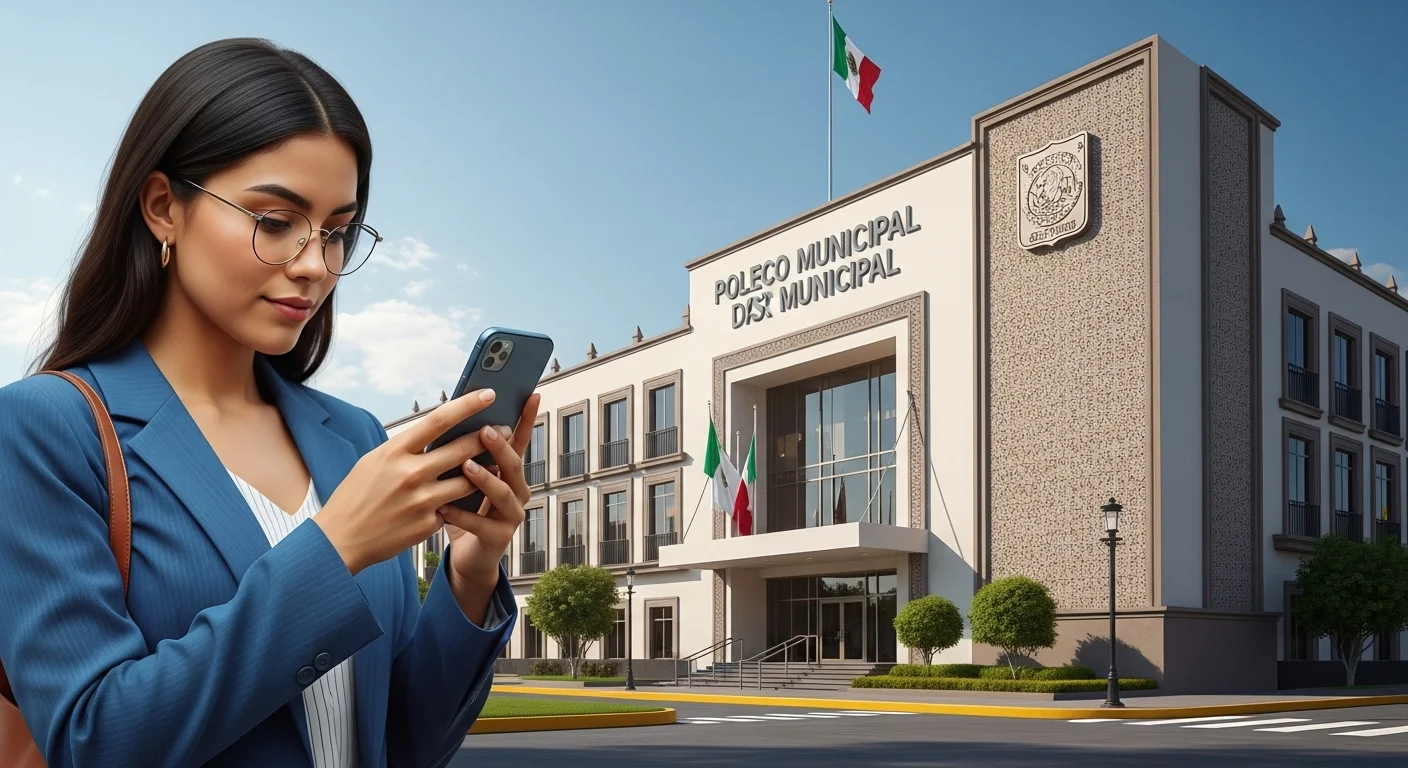 Una persona utilizando su celular para checar adeudo predial en un portal de un municipio de México, con un palacio municipal al fondo.