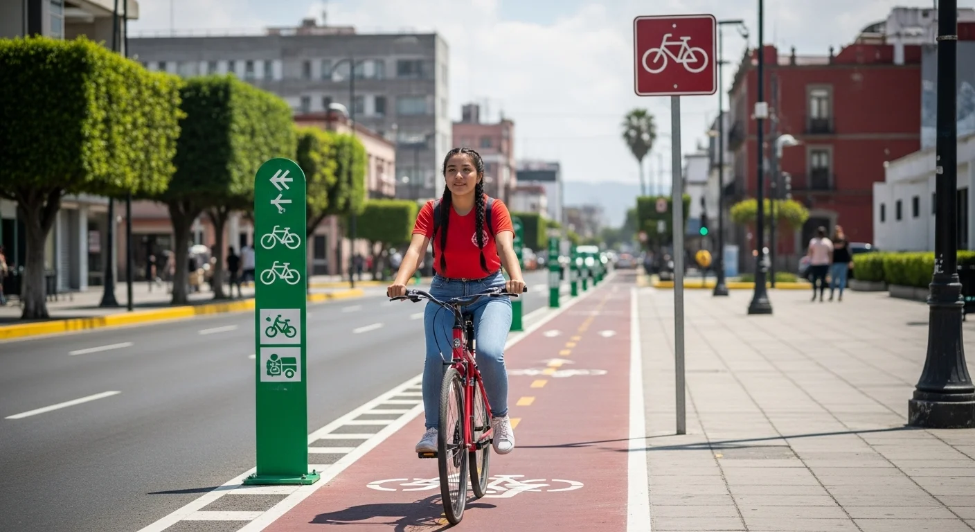 Ciclista utilizando una ciclovía bien señalizada en una ciudad de México, mostrando la infraestructura municipal.