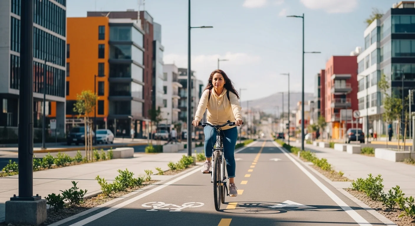Ciclista utilizando una ciclovía bien señalizada en una ciudad mexicana, ejemplo de la implementación del reglamento de circulación para bicicletas.