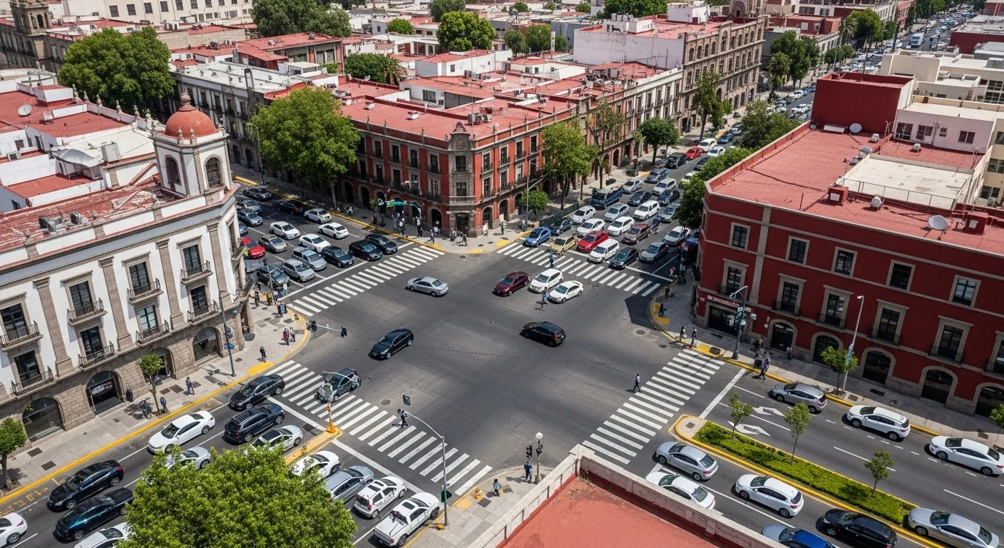 Vista aérea de una intersección concurrida en un municipio de México, destacando la necesidad de un reglamento de circulación eficiente.