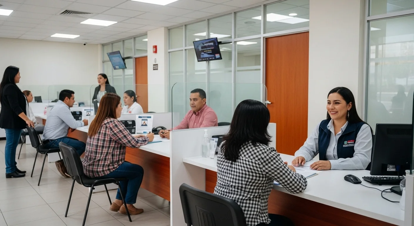 Una oficina de trámites vehiculares moderna en un municipio mexicano, con ciudadanos gestionando su cita para licencia.