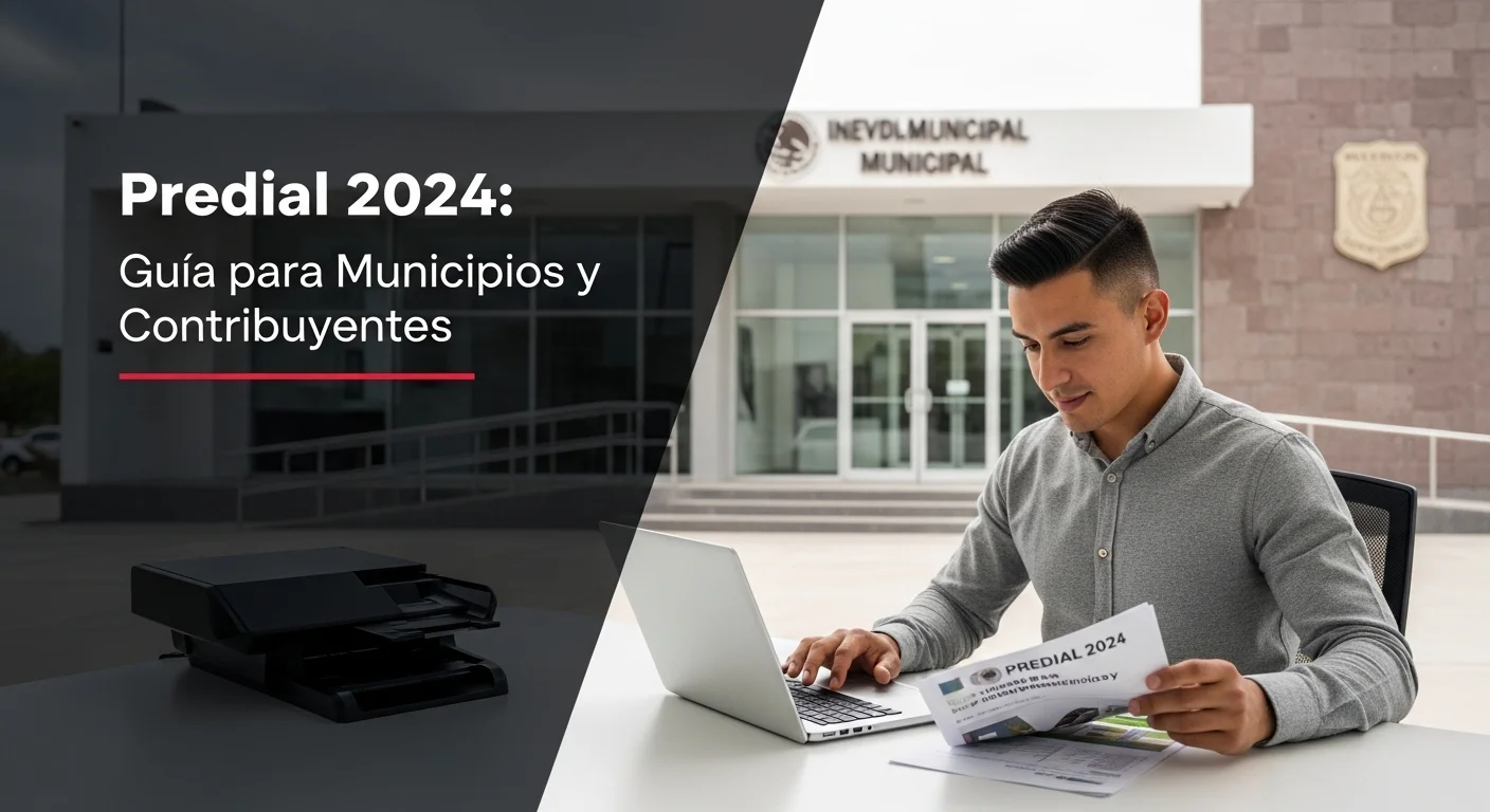 Persona utilizando una laptop para imprimir predial 2024 desde el portal del ayuntamiento, mostrando la modernización de los municipios.