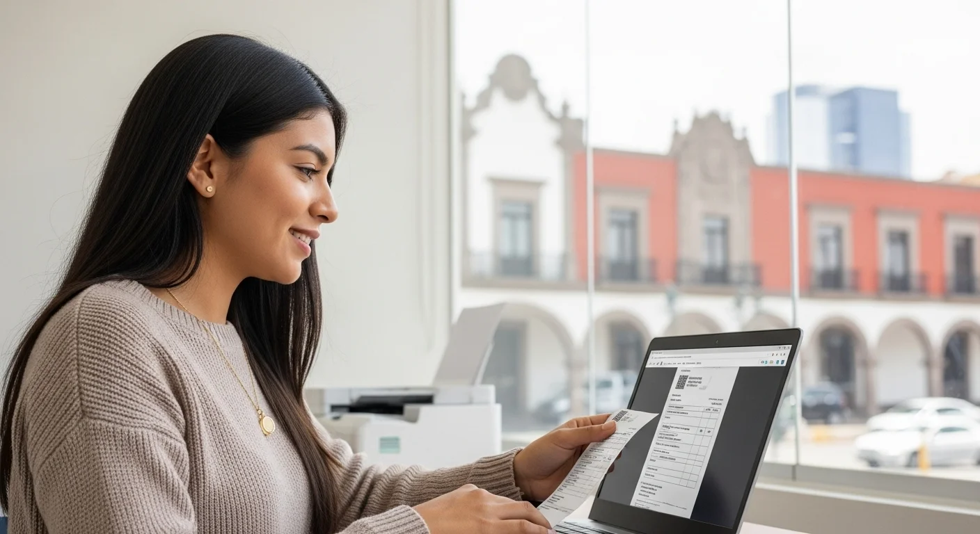 Una persona utilizando una computadora portátil para imprimir su recibo de agua, representando la digitalización de servicios en los municipios mexicanos.