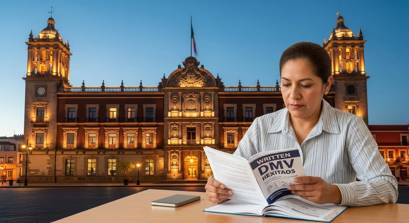 Un ciudadano de un municipio mexicano sentado en una mesa, estudiando el manual del conductor para su escrito DMV, con una imagen de un ayuntamiento mexicano de fondo.