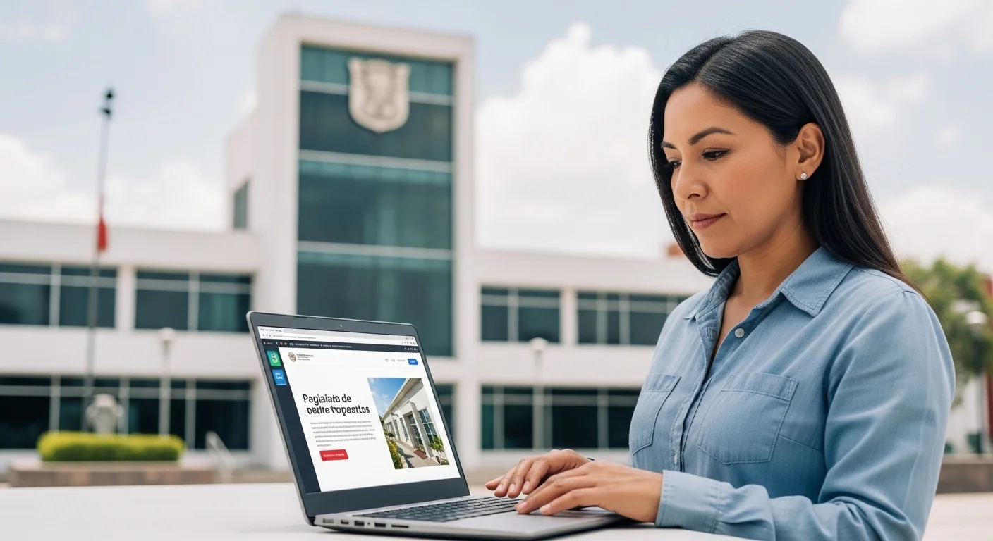 Persona utilizando una computadora portátil para cumplir con los requisitos del pago de predial en el portal en línea de un municipio de México.