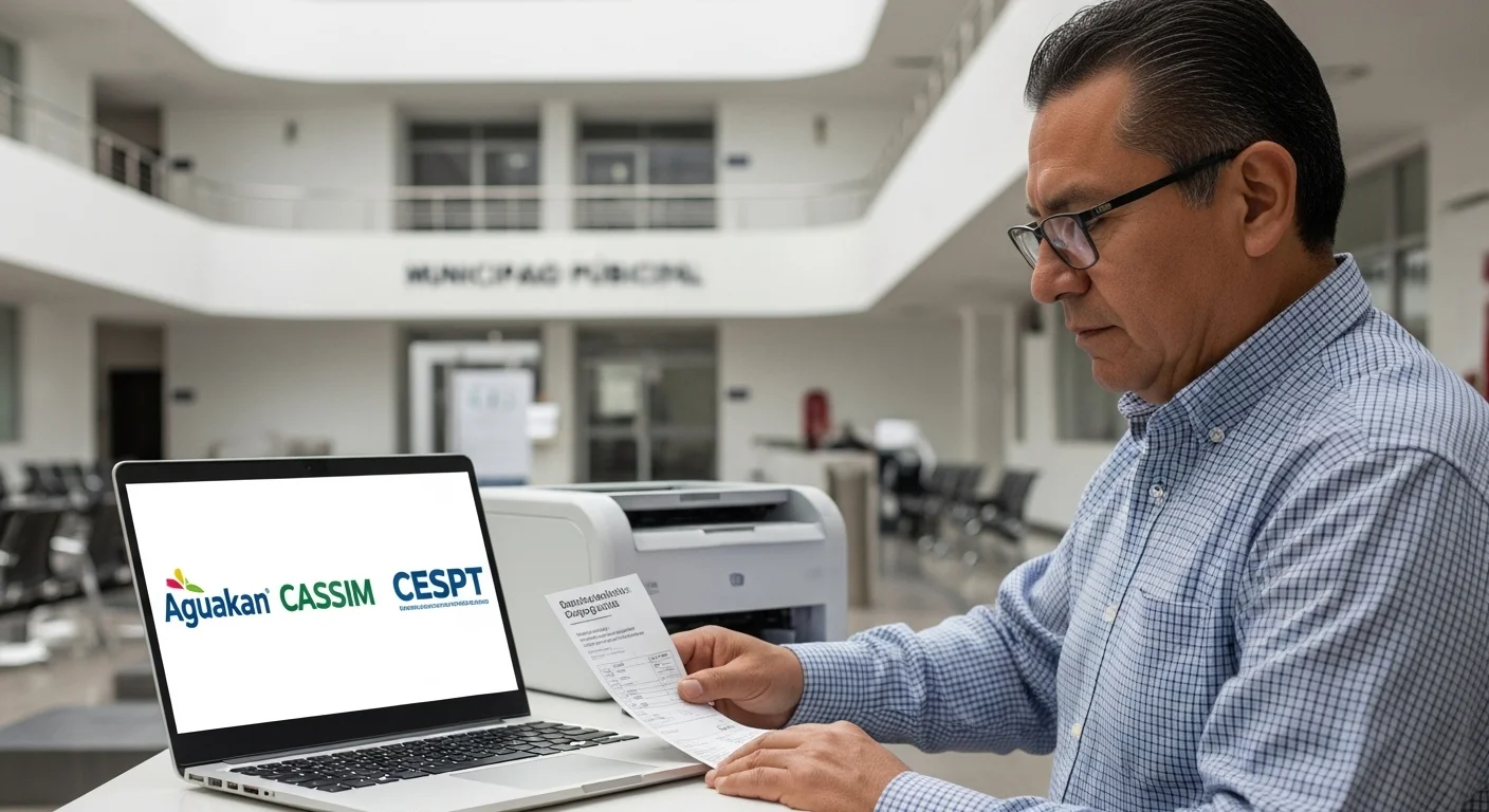 Un ciudadano utilizando su laptop para imprimir el recibo de un servicio público, con los logos de Aguakan, CASSIM y CESPT visibles en la pantalla.