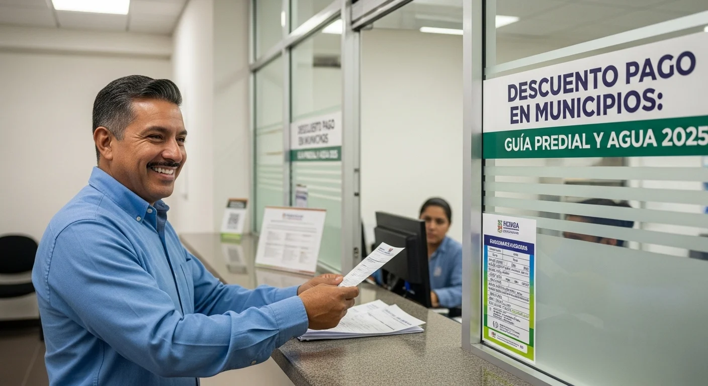 Un ciudadano sonriente realiza el pago predial en un módulo de atención de un ayuntamiento mexicano, aprovechando un descuento.