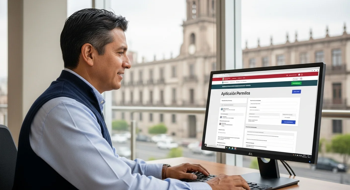 Persona utilizando una computadora para completar una solicitud de licencia de construcción en el portal de un municipio mexicano.