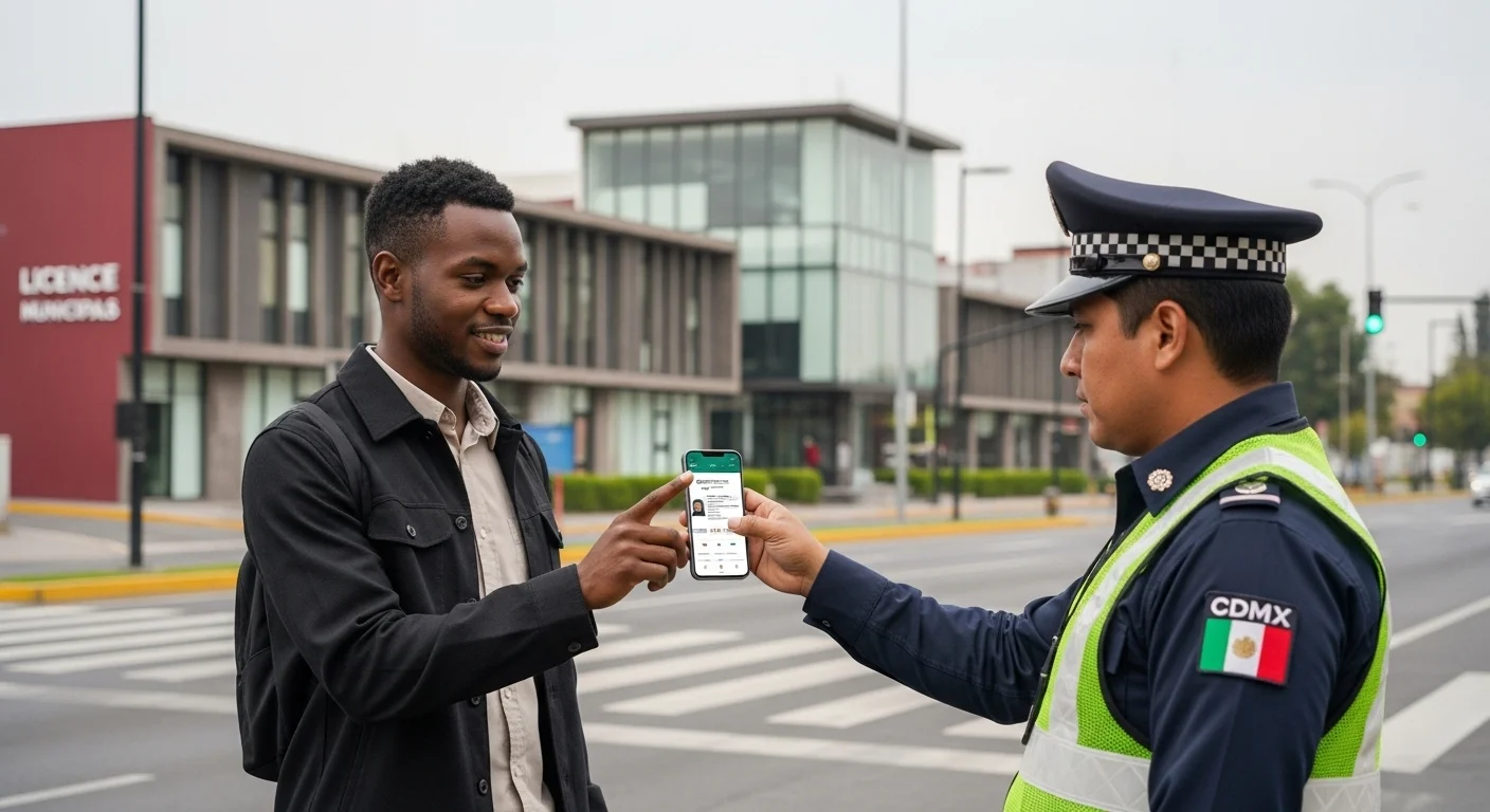 Un ciudadano mostrando su licencia de manejo digital en la app cdmx frente a una patrulla de tránsito en una calle de un municipio.