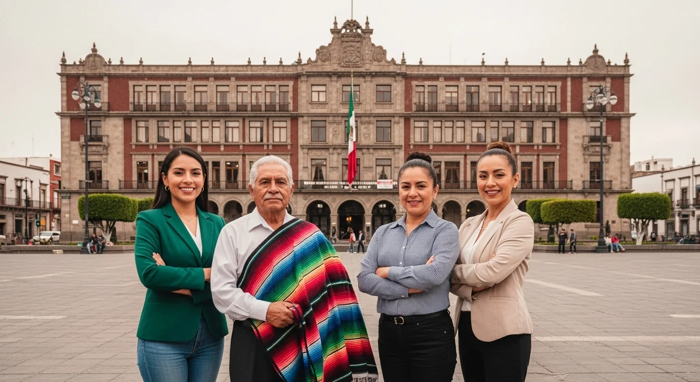 Un grupo de ciudadanos frente a un palacio municipal, representando la conexión entre el ayuntamiento y las oportunidades de empleo como las vacantes de banco.