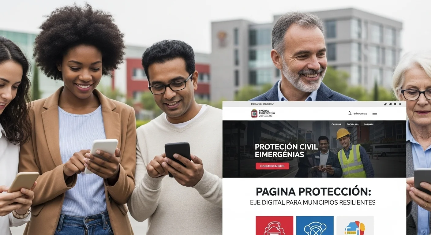Un grupo diverso de ciudadanos consultando información de emergencia en sus teléfonos móviles, con la pagina de proteccion civil municipal en pantalla.