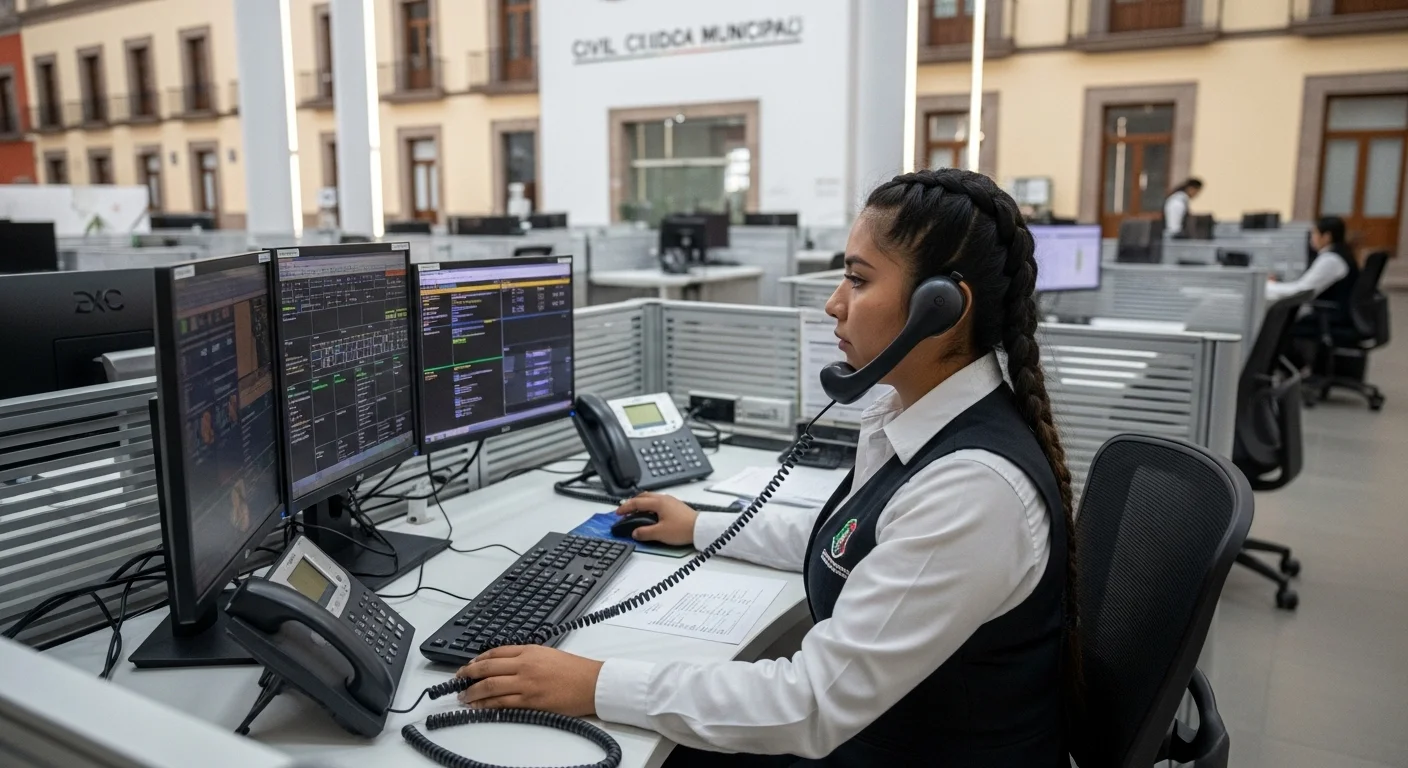 Operador del centro de emergencias 911 atendiendo una llamada de protección civil en un municipio de México