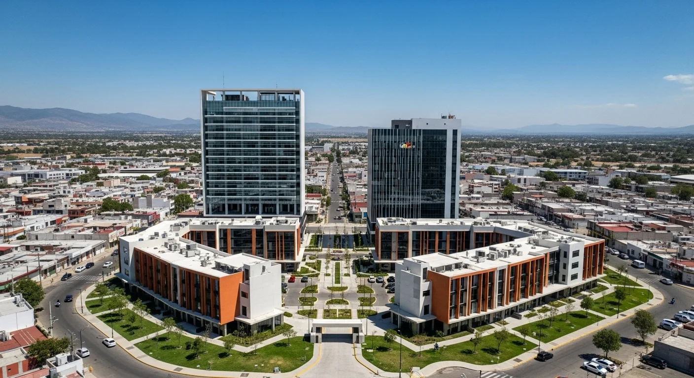 Vista aérea de un desarrollo urbano moderno en un municipio mexicano, simbolizando la colaboración entre la obra pública y la inversión privada.