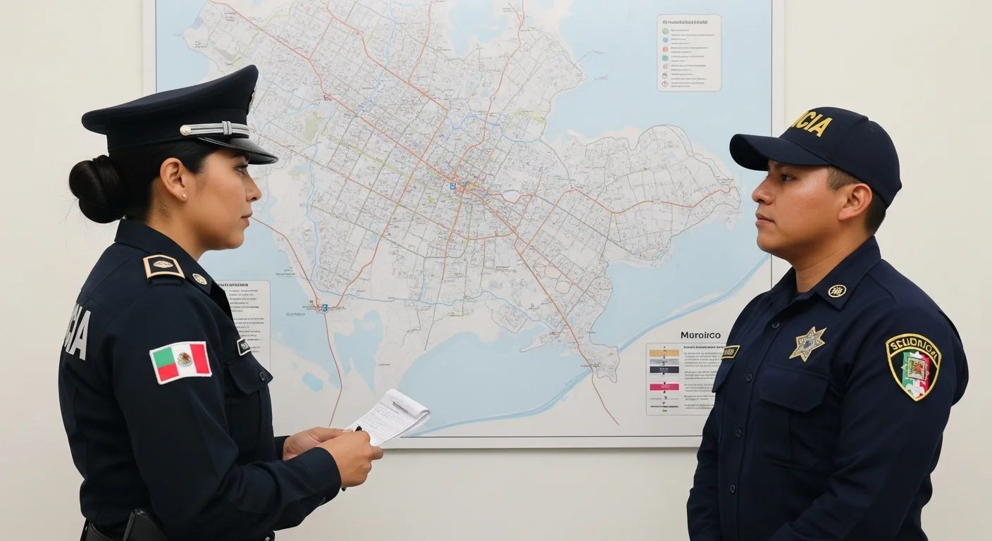 Una imagen mostrando a un policía municipal y un guardia de seguridad privada dialogando frente a un mapa de un municipio mexicano, simbolizando la colaboración.