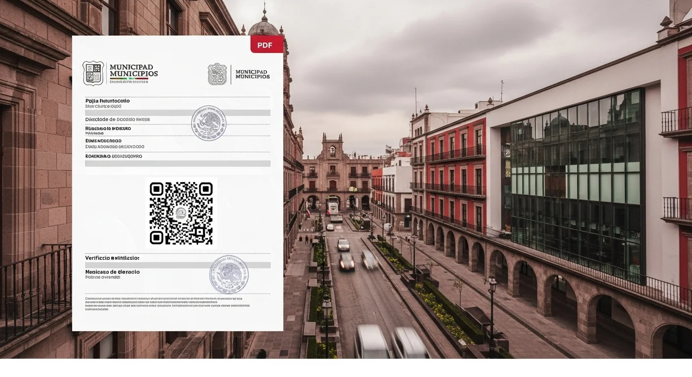 Ejemplo de un comprobante de pago de impuesto predial en formato PDF, mostrando sellos digitales y un código QR de validación de un municipio.