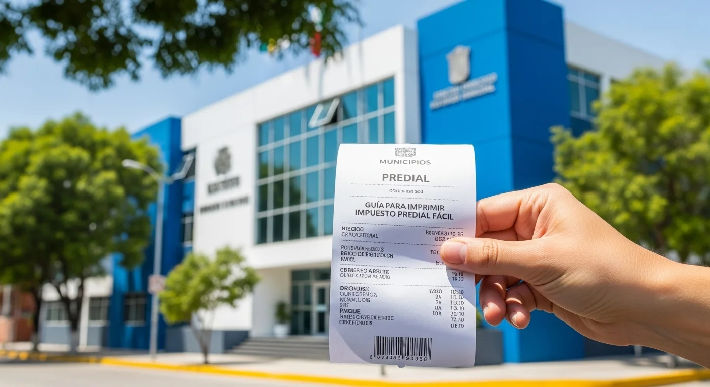 Mano sosteniendo un comprobante de pago del impuesto predial recién impreso, con un edificio de gobierno municipal de fondo.
