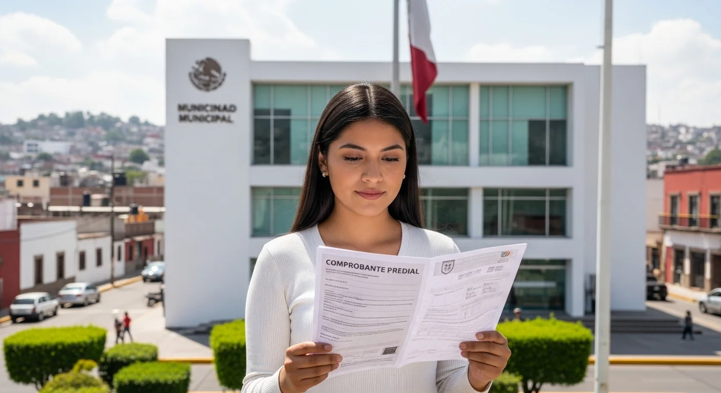Una persona revisando su comprobante predial con el palacio municipal de un municipio de México al fondo.