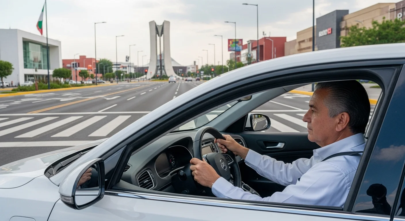 Persona realizando examen de conducir en un auto automático en una ciudad de un municipio mexicano con infraestructura moderna al fondo