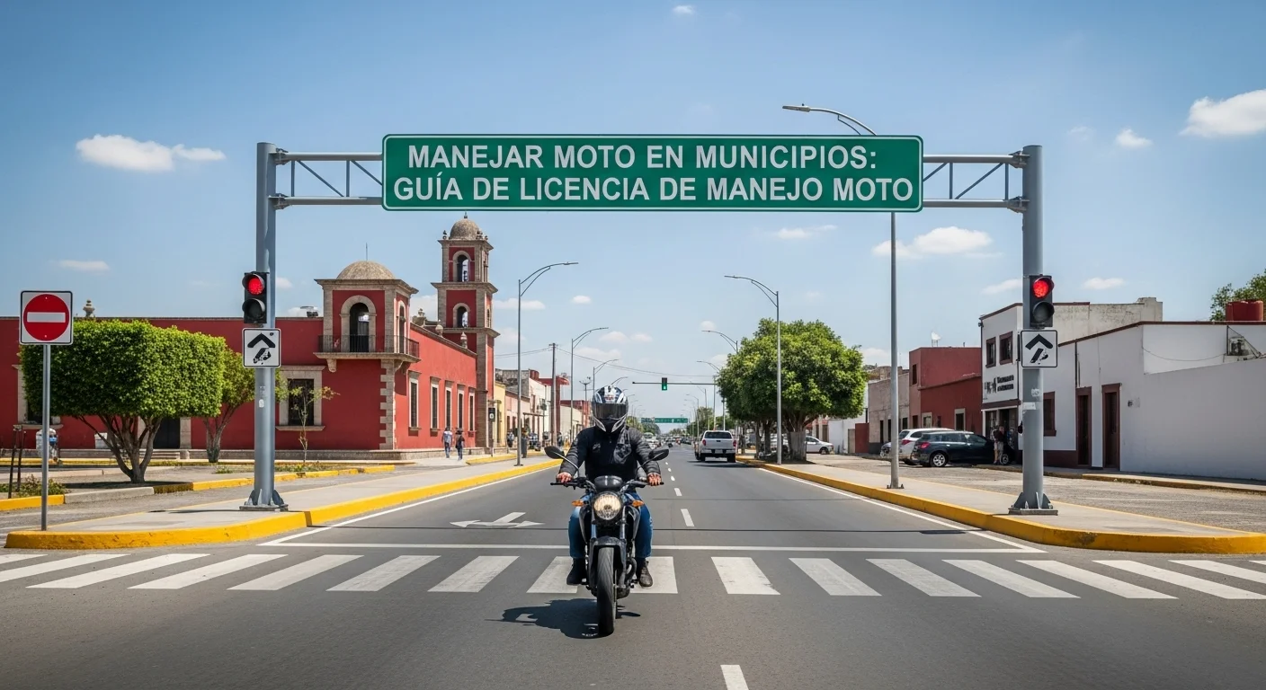 Un motociclista conduciendo de forma segura en una calle bien señalizada de un municipio mexicano, destacando la infraestructura vial.