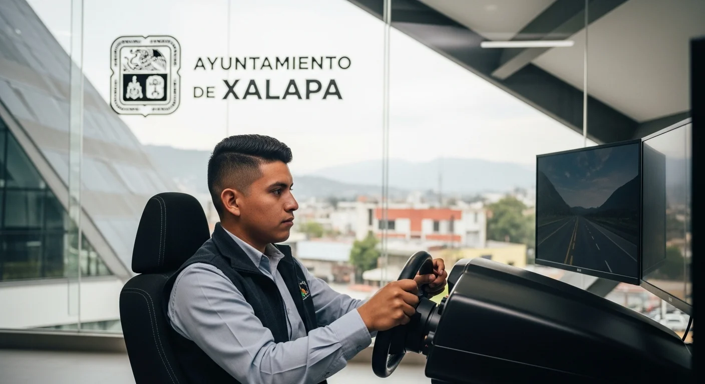 Persona utilizando un moderno conducir simulador dentro de una oficina municipal en México, con el logo de un ayuntamiento al fondo.
