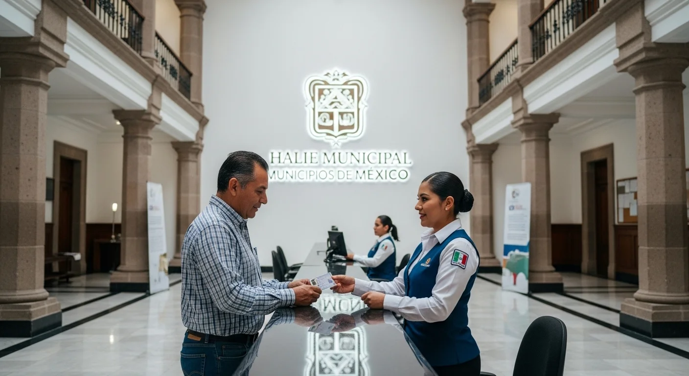 Un conductor ciudadano interactuando con un funcionario municipal para tramitar su licencia de conducir, con el logo del ayuntamiento de fondo.