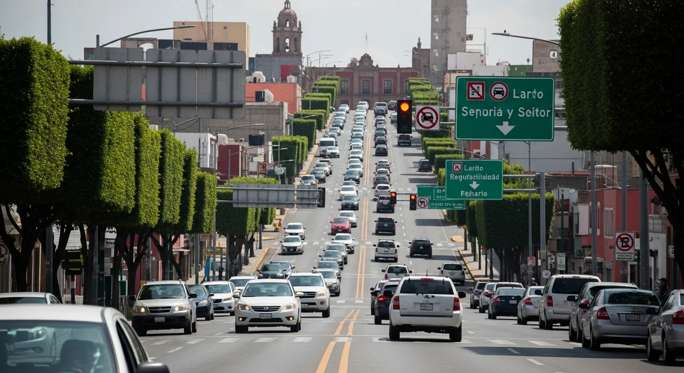 Imagen de una calle transitada en un municipio de México, con vehículos y señalización vial, representando la guía para conductores.