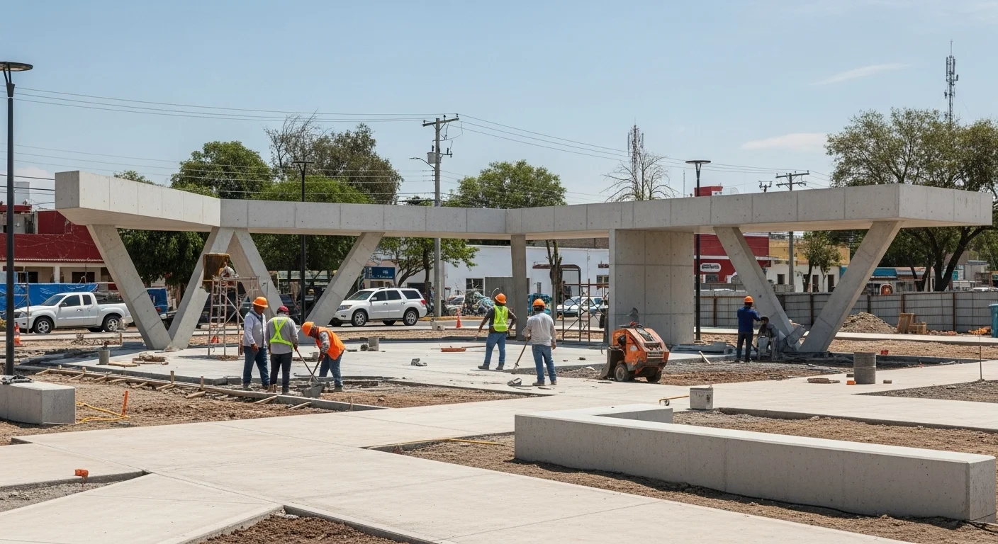 Proceso de construccion de plazas publicas en municipios de México, mostrando la infraestructura moderna y el trabajo de los obreros.