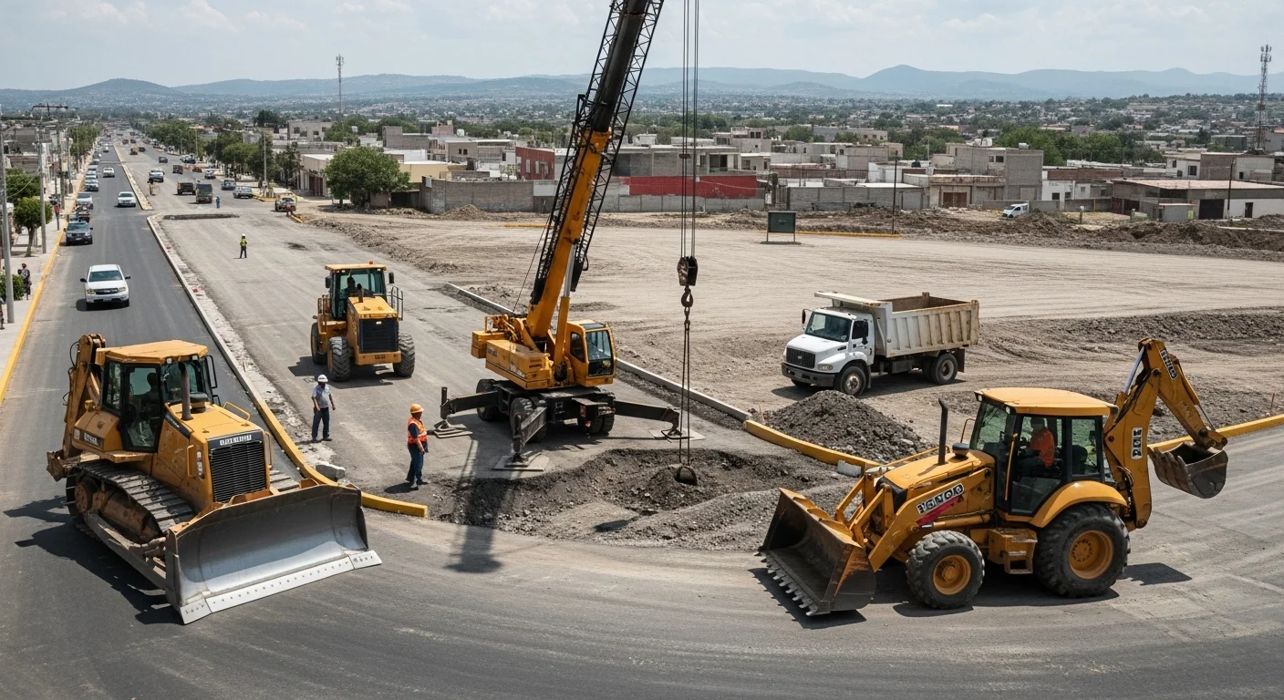 Maquinaria pesada en un proyecto de construccion publica en via publica, representando la inversión en infraestructura municipal.