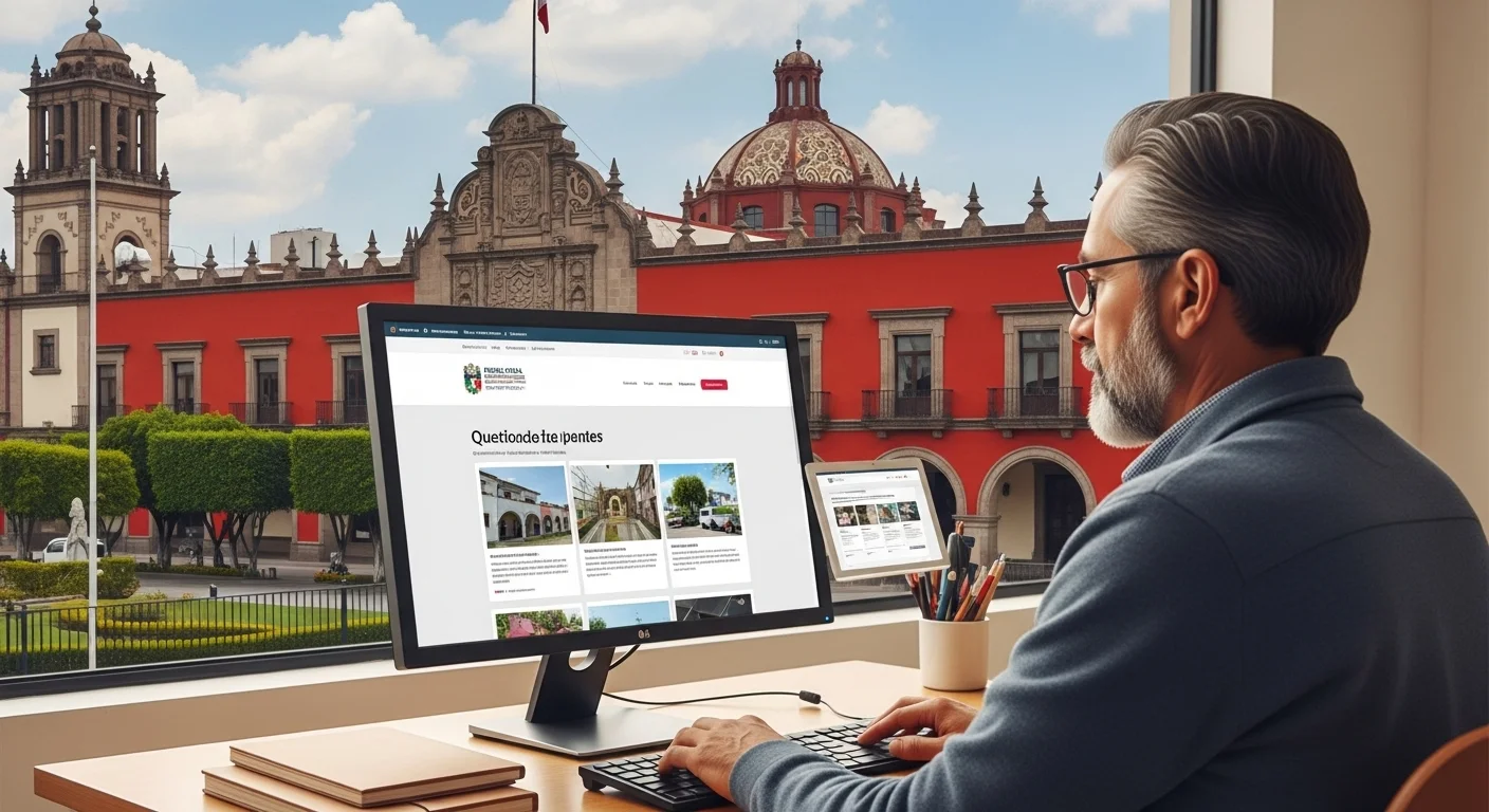 Un ciudadano realizando la consulta del predial en línea con el palacio municipal de un municipio mexicano al fondo