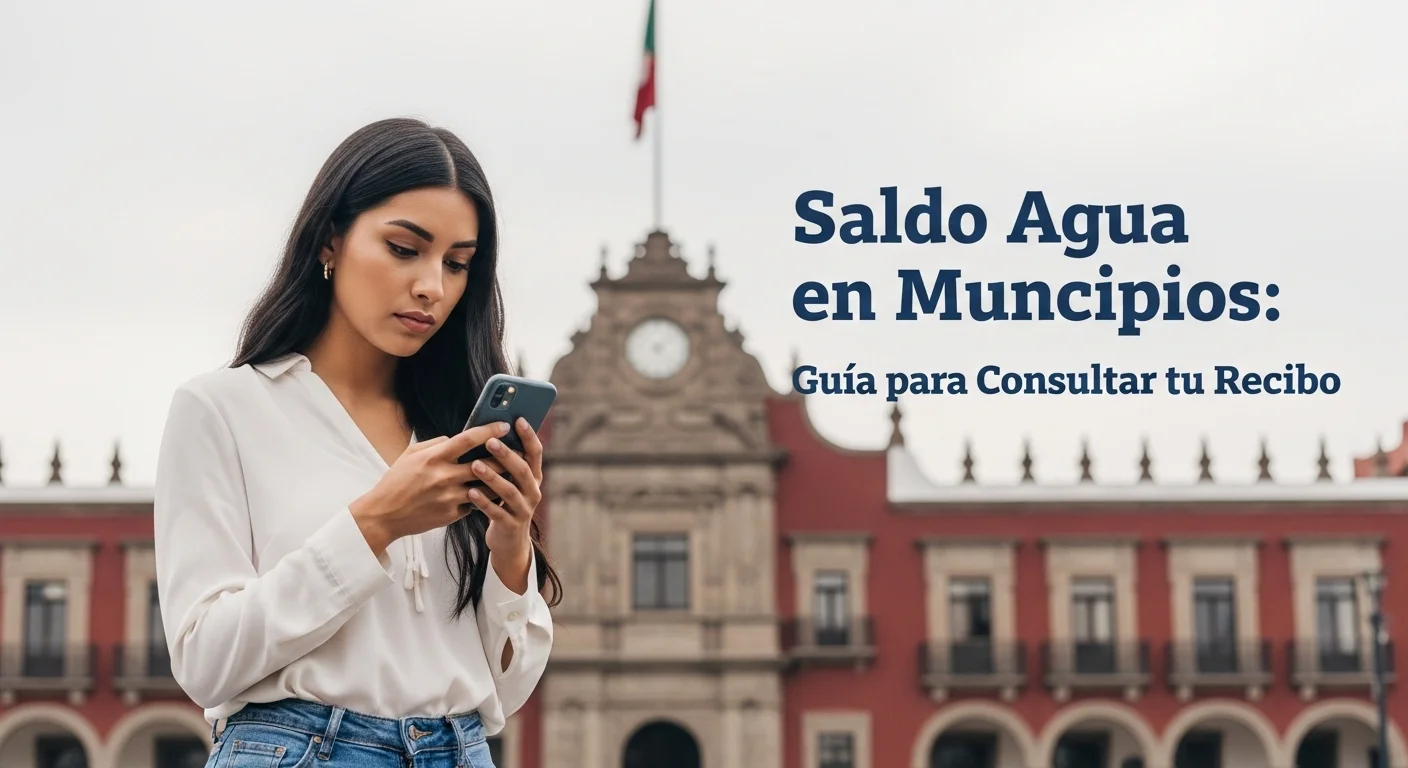 Una persona revisa en su teléfono celular cómo checar el saldo de agua, con el palacio municipal de un municipio mexicano de fondo, simbolizando la gestión de servicios públicos locales.