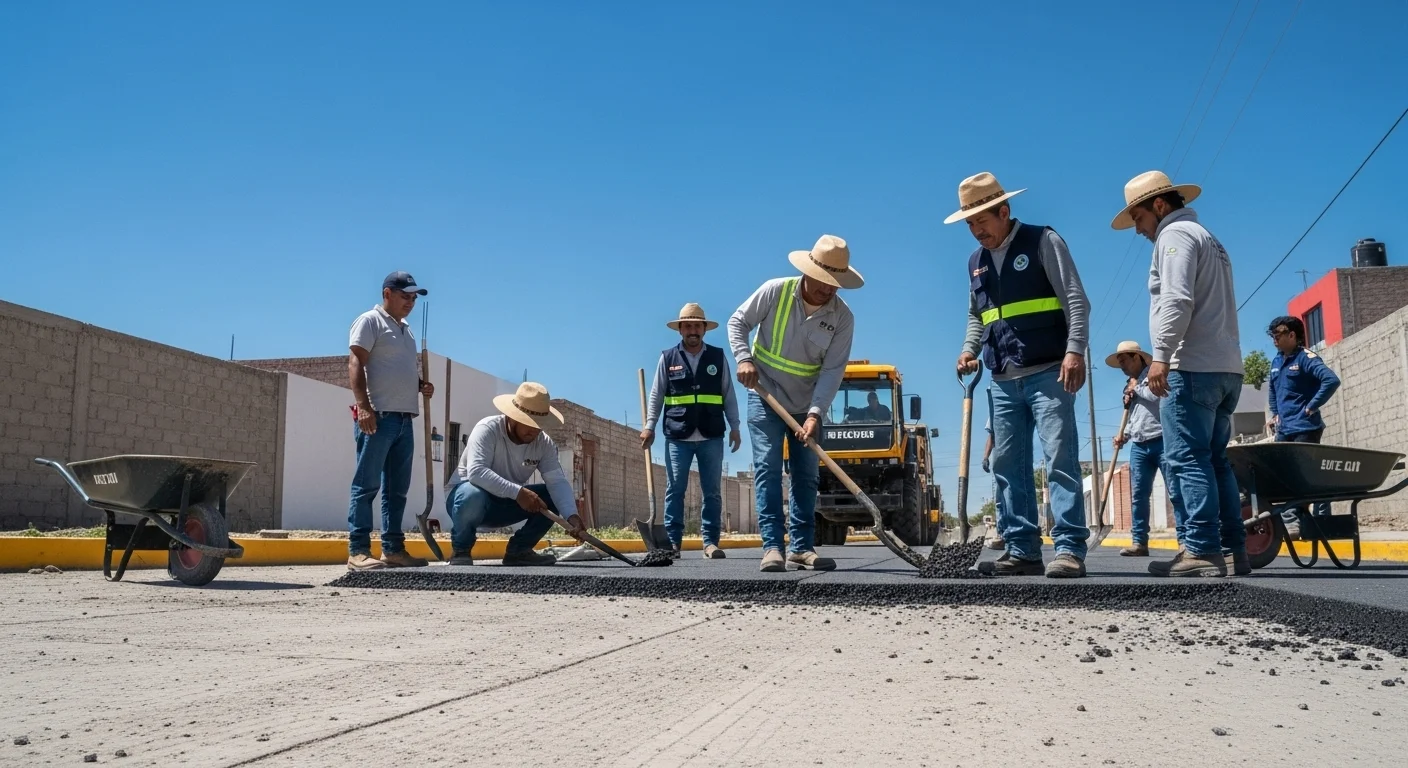Una cuadrilla de trabajadores municipales, incluyendo varios ayudantes generales, colaborando en un proyecto de infraestructura vial en una ciudad de México.