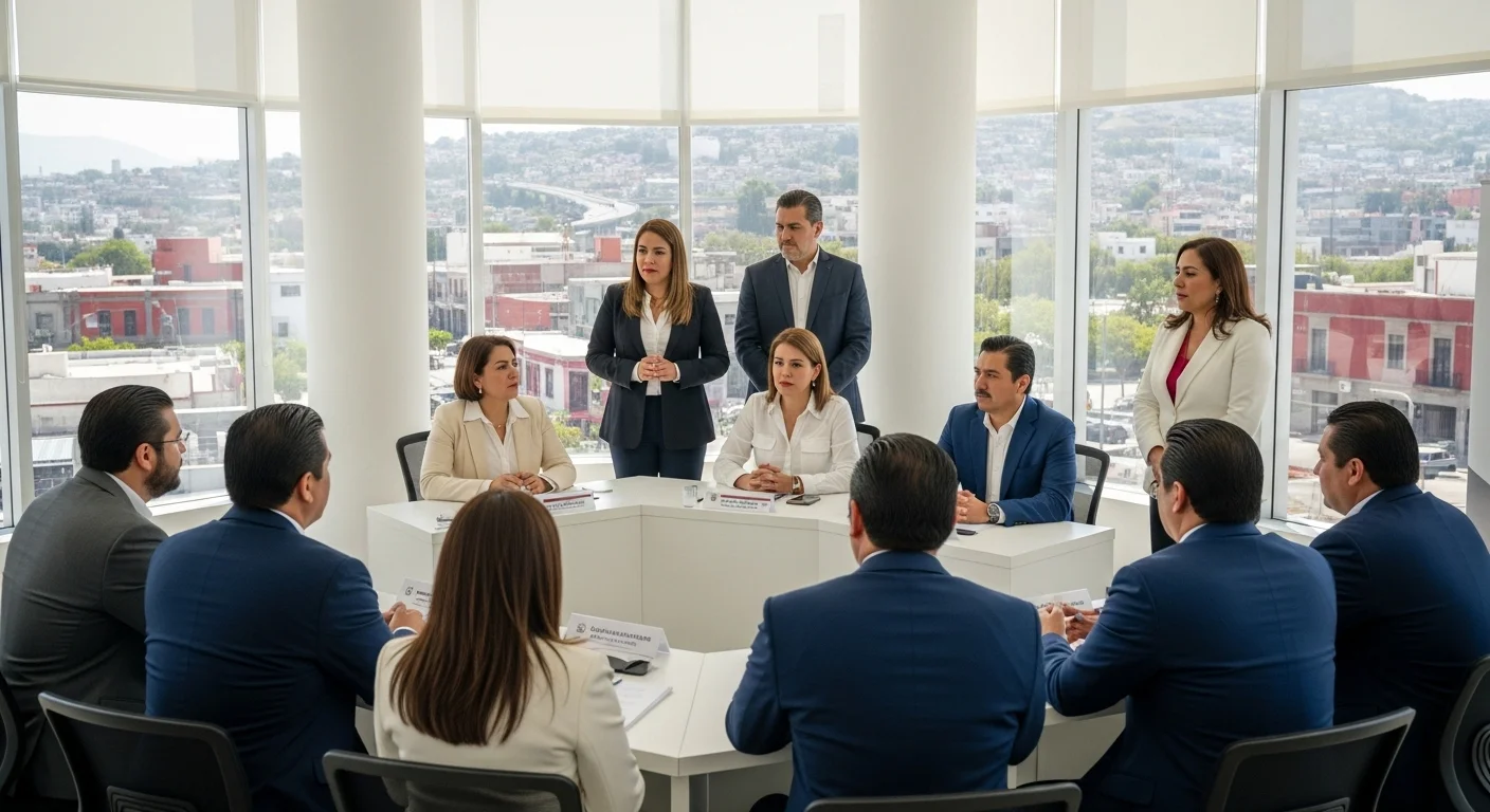 Imagen de una reunión entre funcionarios de un ayuntamiento mexicano y empresarios locales, discutiendo planes de desarrollo económico.
