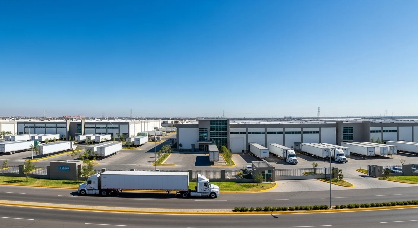 Parque industrial moderno en Salinas Victoria, Nuevo León, con naves industriales y tráileres, simbolizando el auge del nearshoring en los municipios mexicanos.
