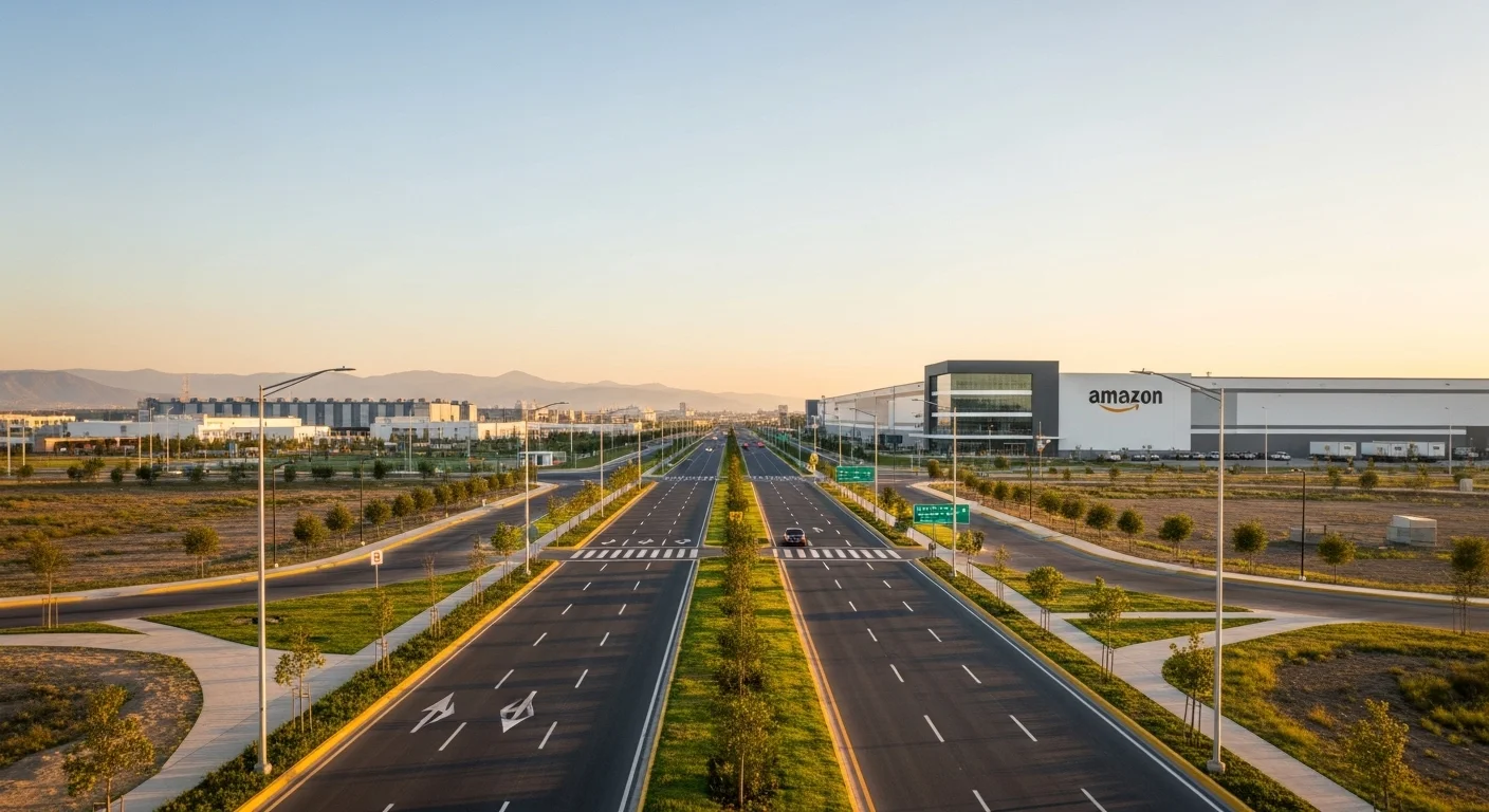 Fotografía de una moderna carretera que conduce a un parque industrial donde se ubica un centro de Amazon, simbolizando la infraestructura municipal.