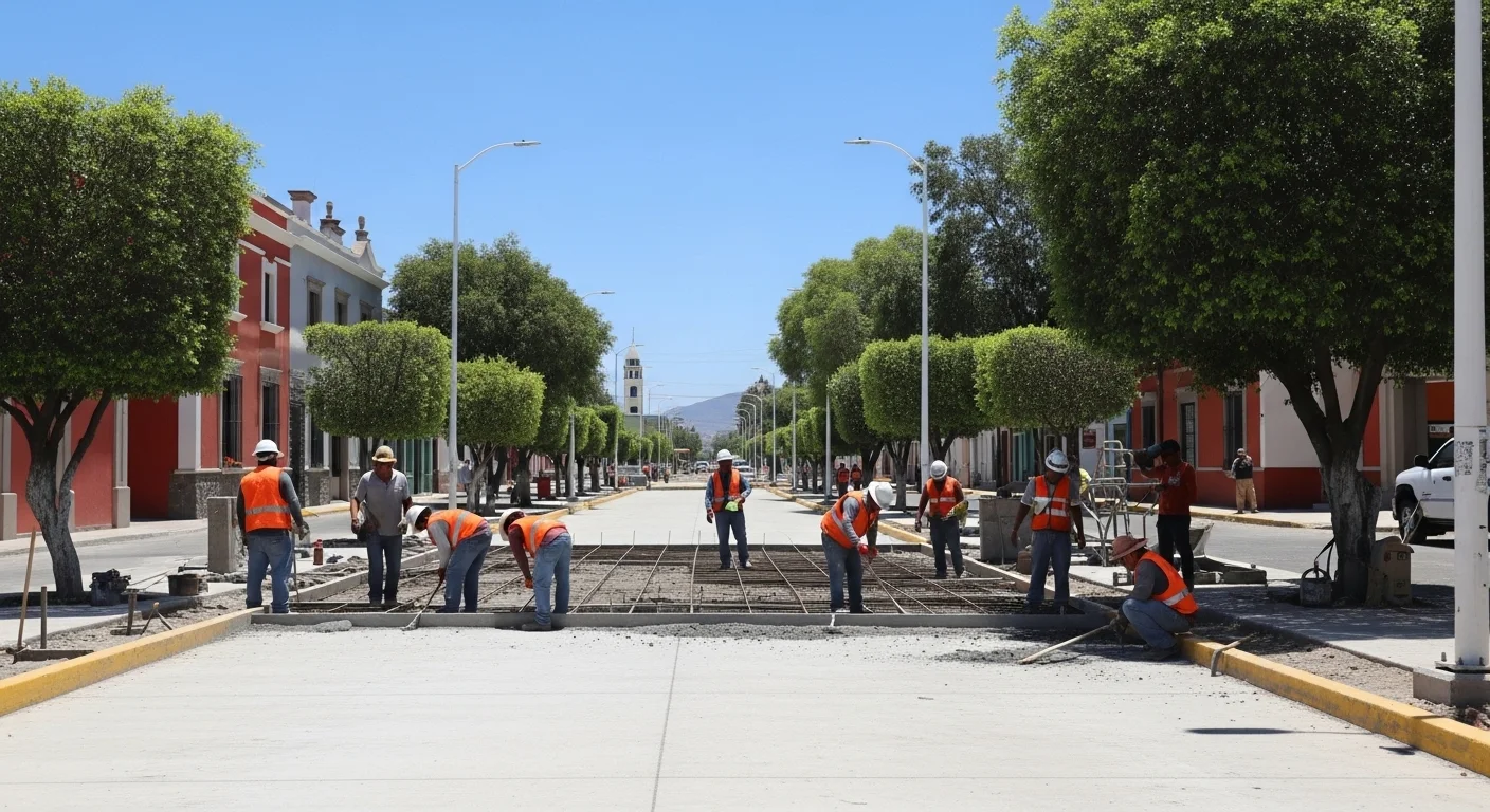 Obreros de la construcción trabajando en un proyecto de infraestructura urbana, simbolizando las ofertas de trabajo generadas por los municipios.