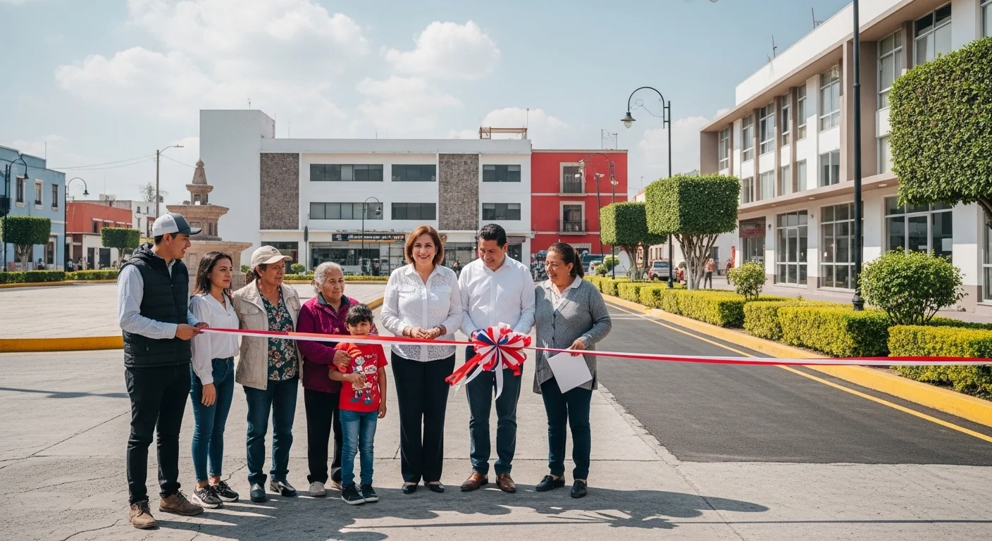 Un alcalde y un grupo de ciudadanos inaugurando una calle pavimentada, simbolizando el uso de las remesas en la infraestructura municipal.