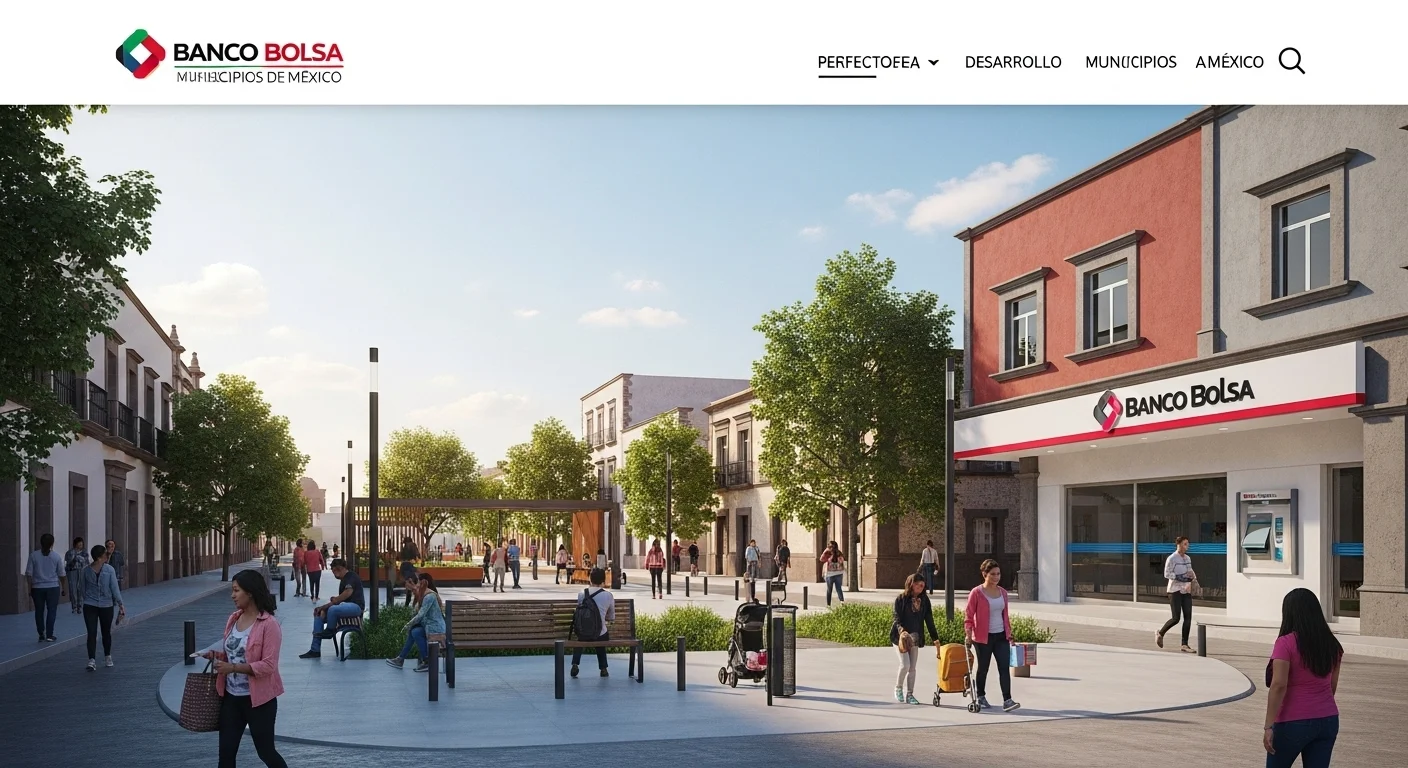 Una calle concurrida en un municipio de México con infraestructura moderna y una sucursal bancaria visible, representando el progreso.
