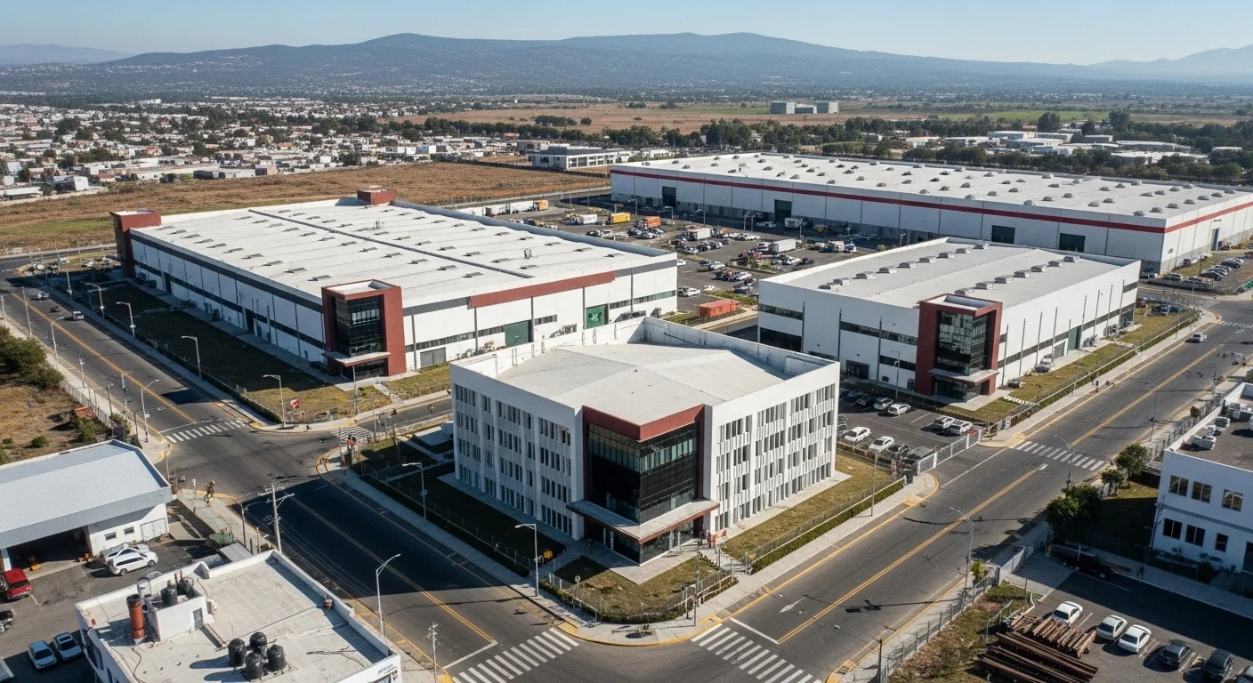 Vista aérea de un parque industrial moderno en un municipio de México, simbolizando la relación entre infraestructura y la creación de empleos.
