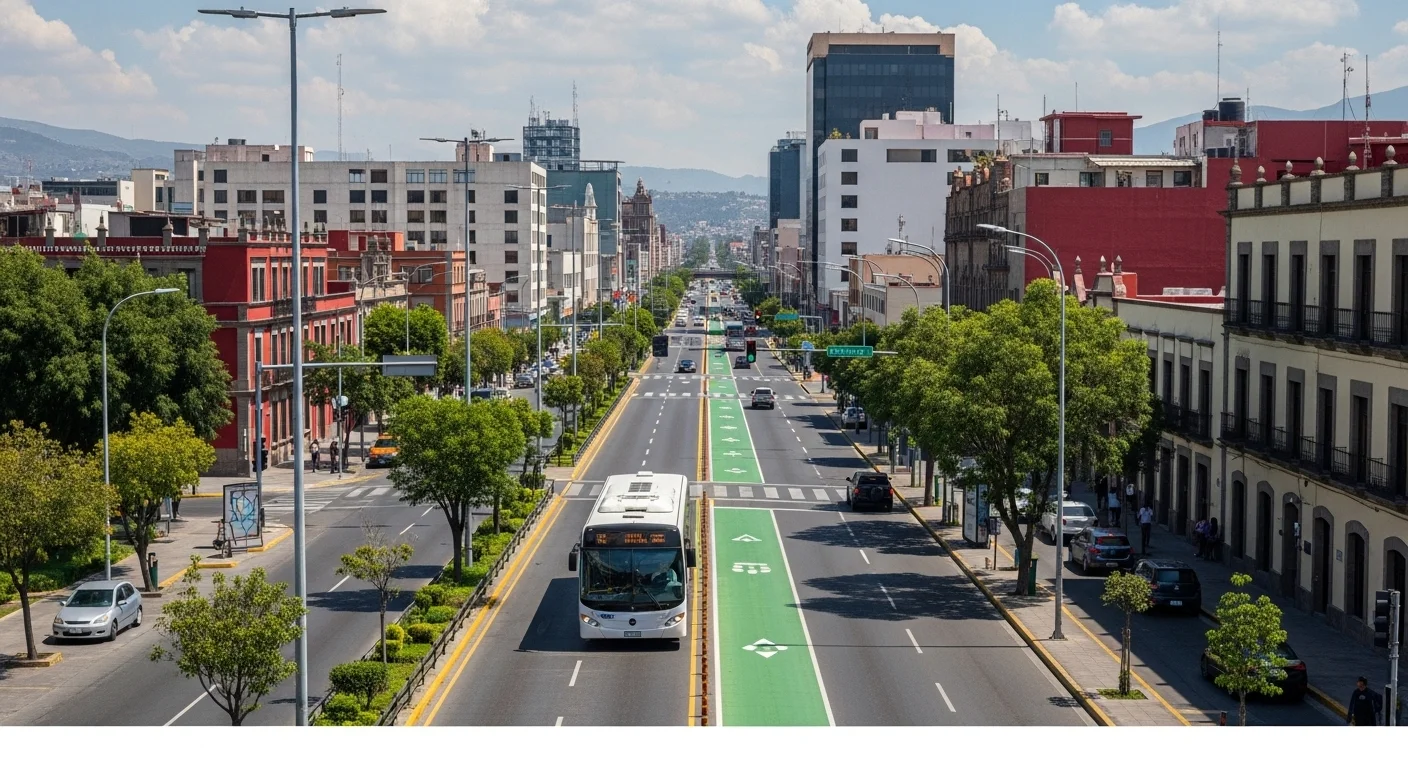 Autobús de transporte público moderno en un carril exclusivo en una ciudad mexicana, simbolizando el desarrollo orientado al transporte sustentable.