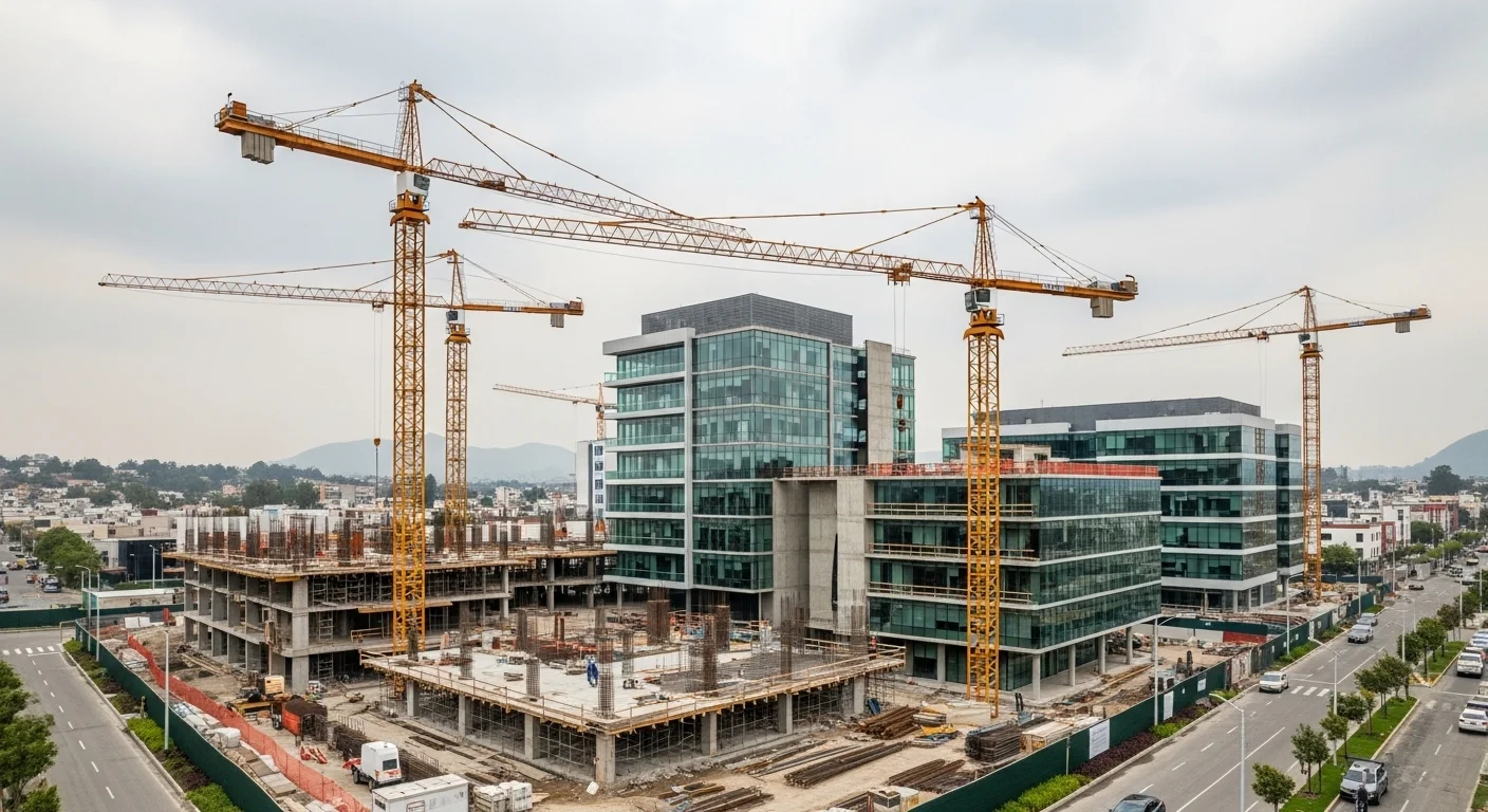 Grúas de construcción trabajando en un nuevo desarrollo de edificios supervisado por el plan de desarrollo urbano de un municipio mexicano