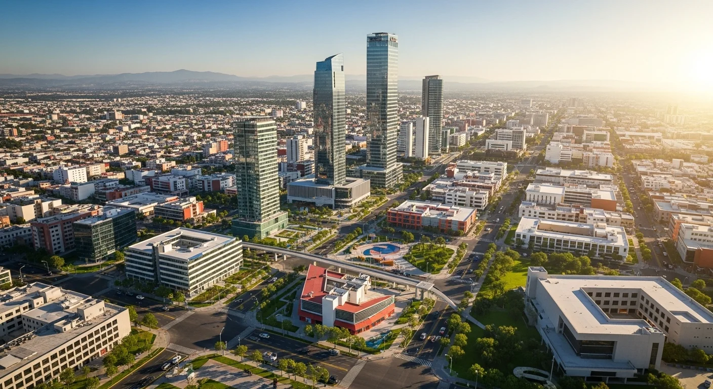 Vista panorámica de una ciudad mexicana moderna con infraestructura vial y edificios, representando el desarrollo urbano en los municipios de México.
